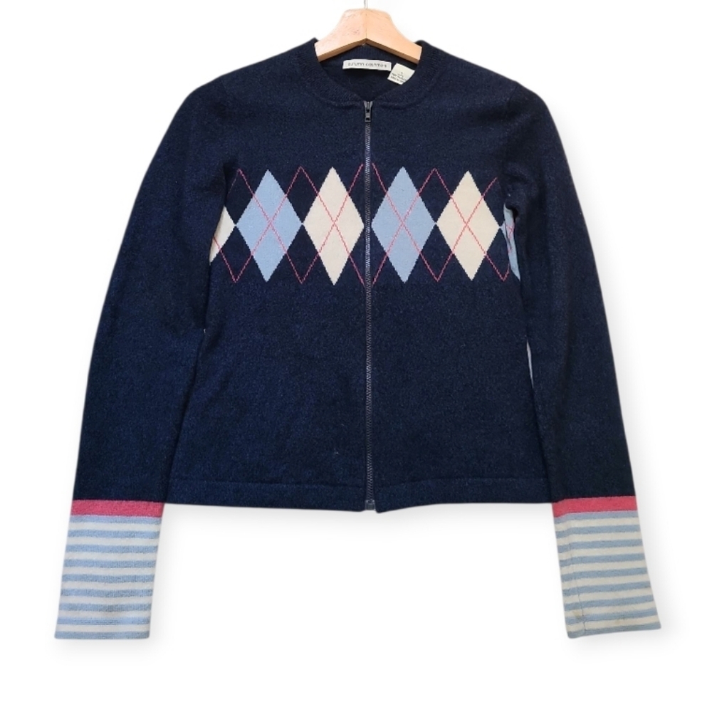Autumn Cashmere 100% Cashmere Diamond Pattern Zip Down Sweater Navy Blue